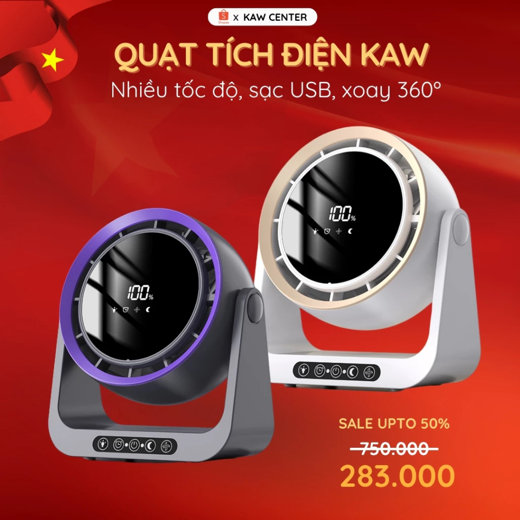 Quạt Tích Điện KAW Màn Hình Led, Quạt Mát, Nhiều Tốc Độ, Xoay 360 Độ Phù Hợp Văn Phòng, Bàn Học