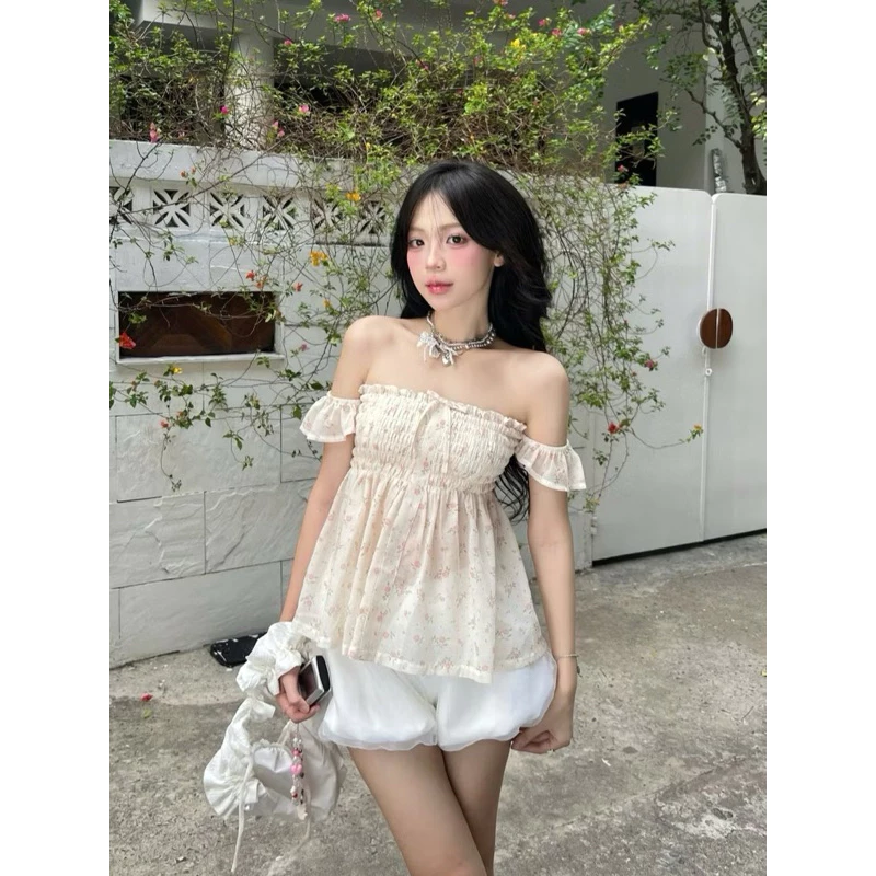AREUM Áo Trễ Vai ( Mặc 2 kiểu) bo chun SUMMER TOP xuyên thấu hoạ tiết hoa nhí
