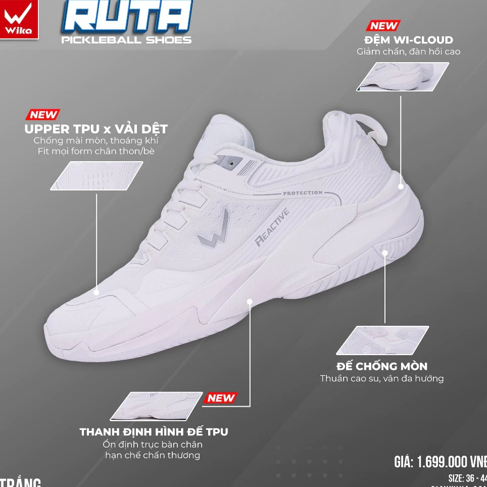 Giày Pickcleball Wika Ruta Chính Hãng, Đệm Wi-Cloud Êm Ái Vượt Trội, Đế Cao Su Vân Đa Hướng Chống Mài Mòn,Tăng Độ Bám