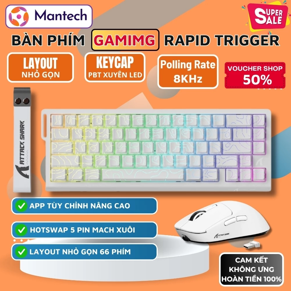 Bộ Gaming Bàn Phím Attack shark X68 HE Và Chuột X3 - Tần Số Quét 8.000Hz, Rapid Trigger, LED RGB