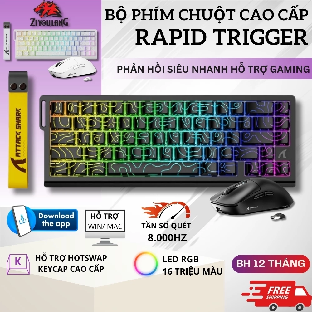 Combo Gaming Attack Shark Bàn Phím X68HE Và Chuột X3 - Siêu Nhẹ 49g, RGB 16 Triệu Màu, 8KHz, DPI 26K