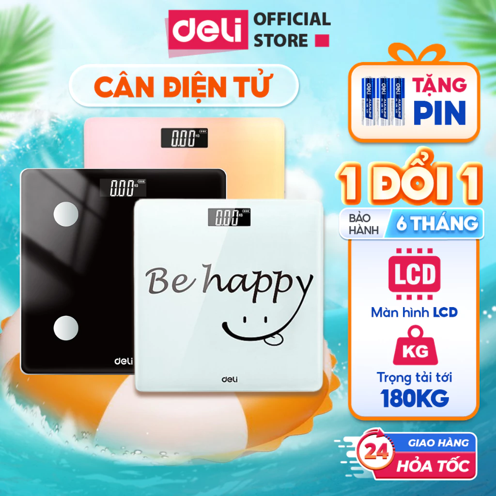 Cân Điện Tử Sức Khỏe Deli Chịu Tải 180kg Màn Hình LED Mặt Kính Cường Lực BẢO HÀNH 6 THÁNG KÈM PIN THAY