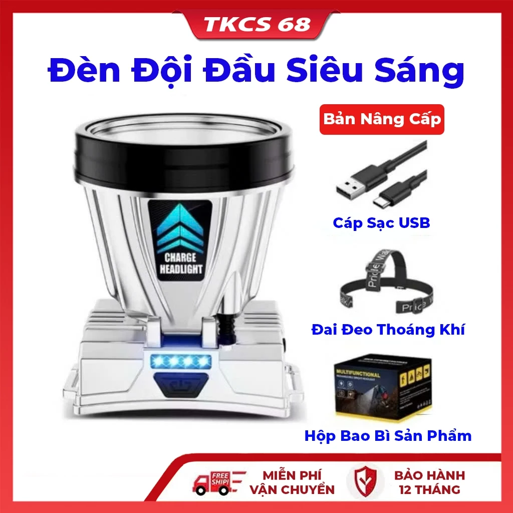 Đèn Siêu Sáng Đội Đầu , Chống Nước, Pin Trâu 2in1 Kiêm Sạc Dự Phòng Cổng Sạc UBS/TYPE-C Tiện Lợi Dùng Sạc Điện Thoại