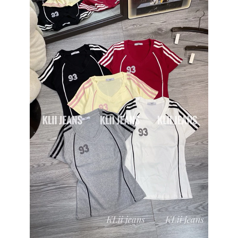 🌷Đỉnh🌷Áo thun cổ tim borip xịn sọc tay né sườn in 93 dáng babytee🌷KLii jeans sẵn
