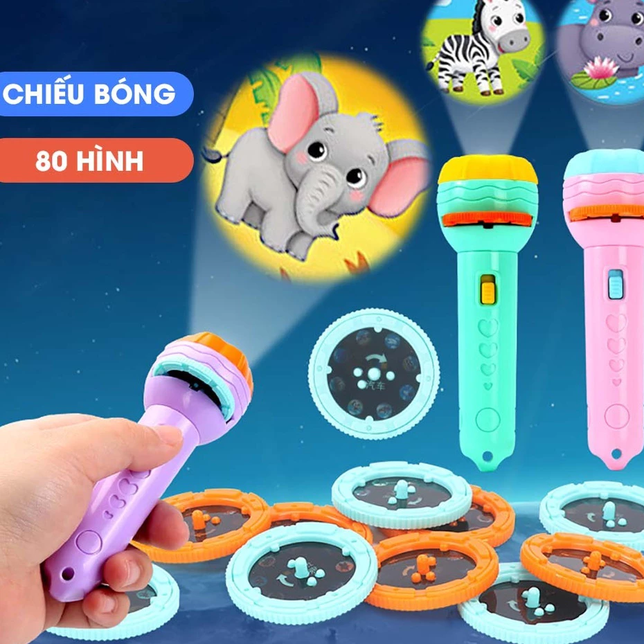 Đèn pin chiếu 80 hình (10 thẻ) động vật, giao thông, trái cây nhiều chủ đề sinh động phát triển khả năng quan sát cho