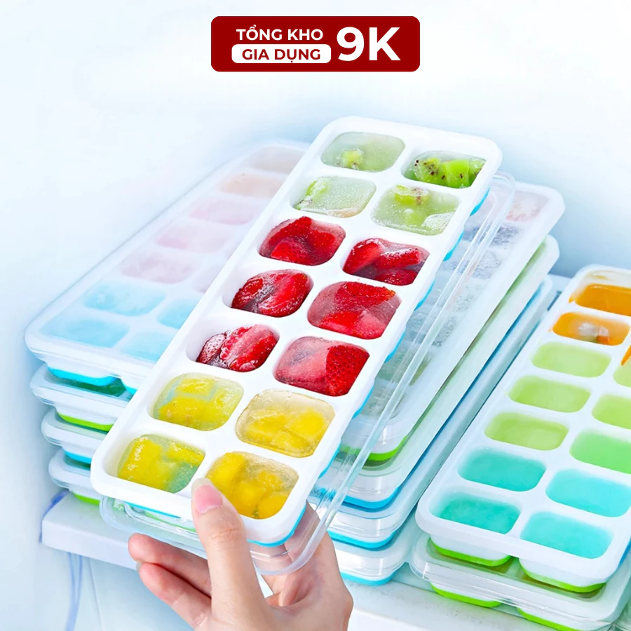 COMBO 5 Khay Làm Đá Silicon 14 Viên Có Nắp Đậy Khuôn Làm Đá Tủ Lạnh Bảo Quản Chống Mùi