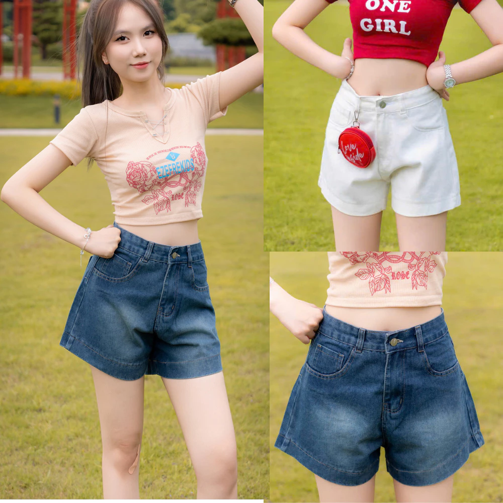 Quần sooc ngắn, quần jeans ngố ống rộng NAGUU, quần short đùi basic năng động cạp cao