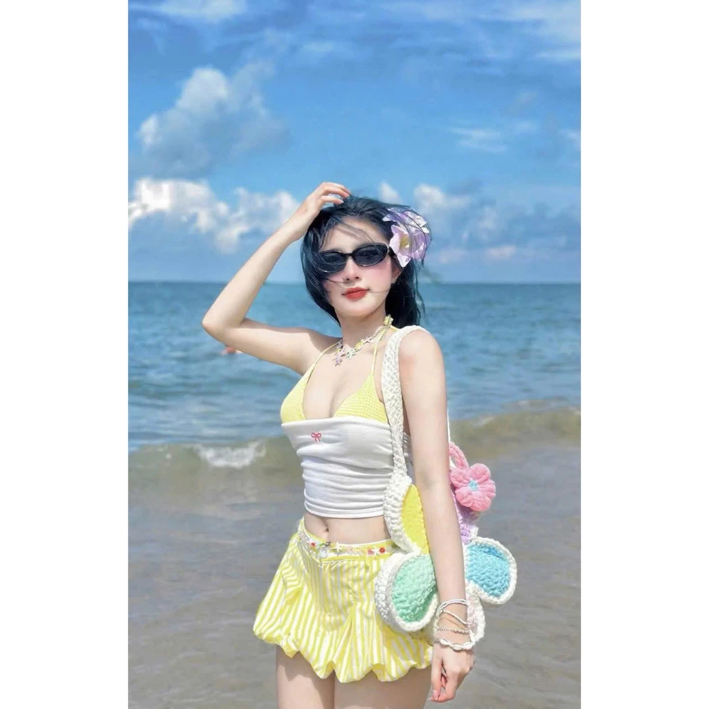 Set Bikini set đi biển 3 món Áo quây Bra Caro Phối QUẦN ĐÙI