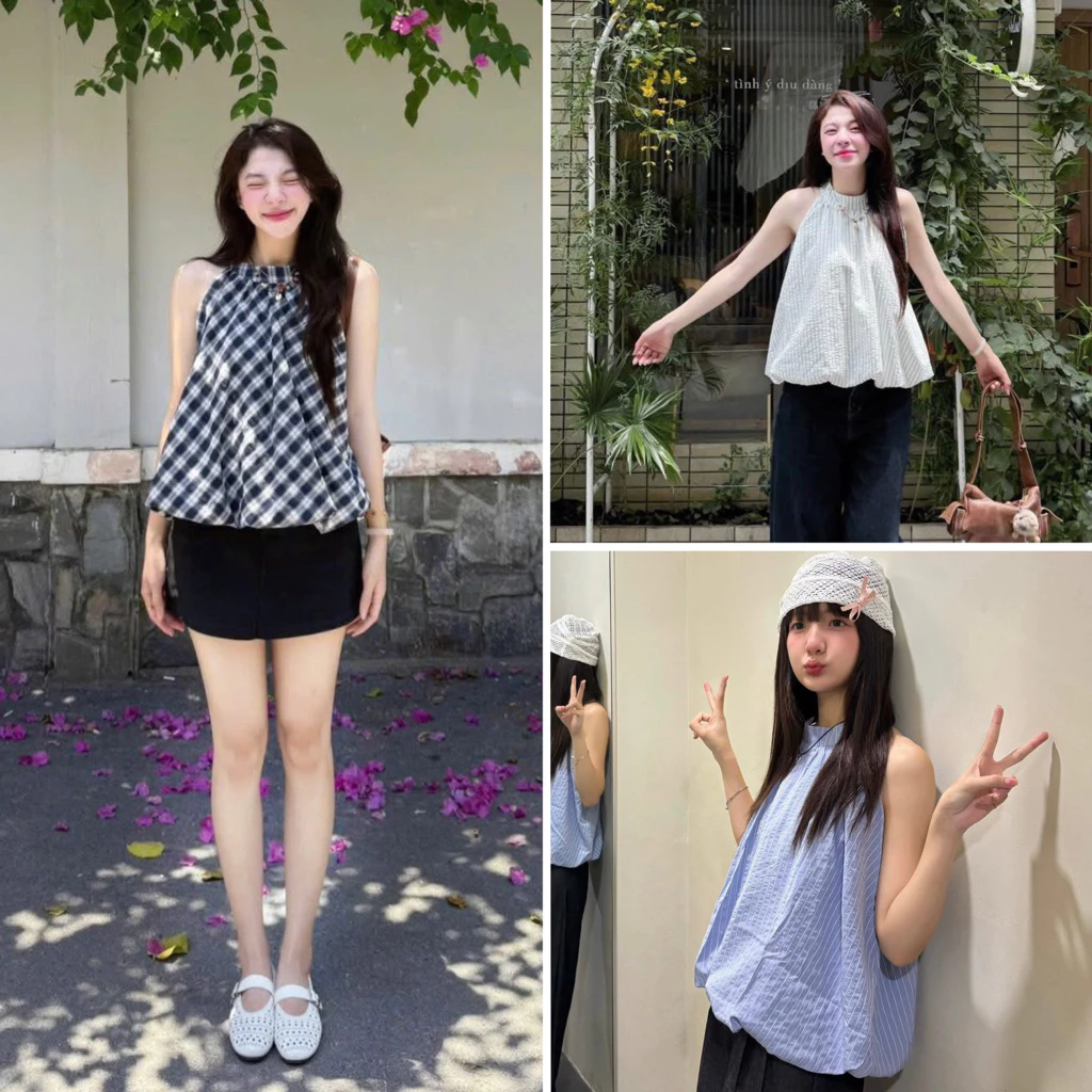 [HÀNG SẴN] Áo cổ yếm nữ dáng bí trứng phồng kẻ caro/chấm bi EGGIE TOP