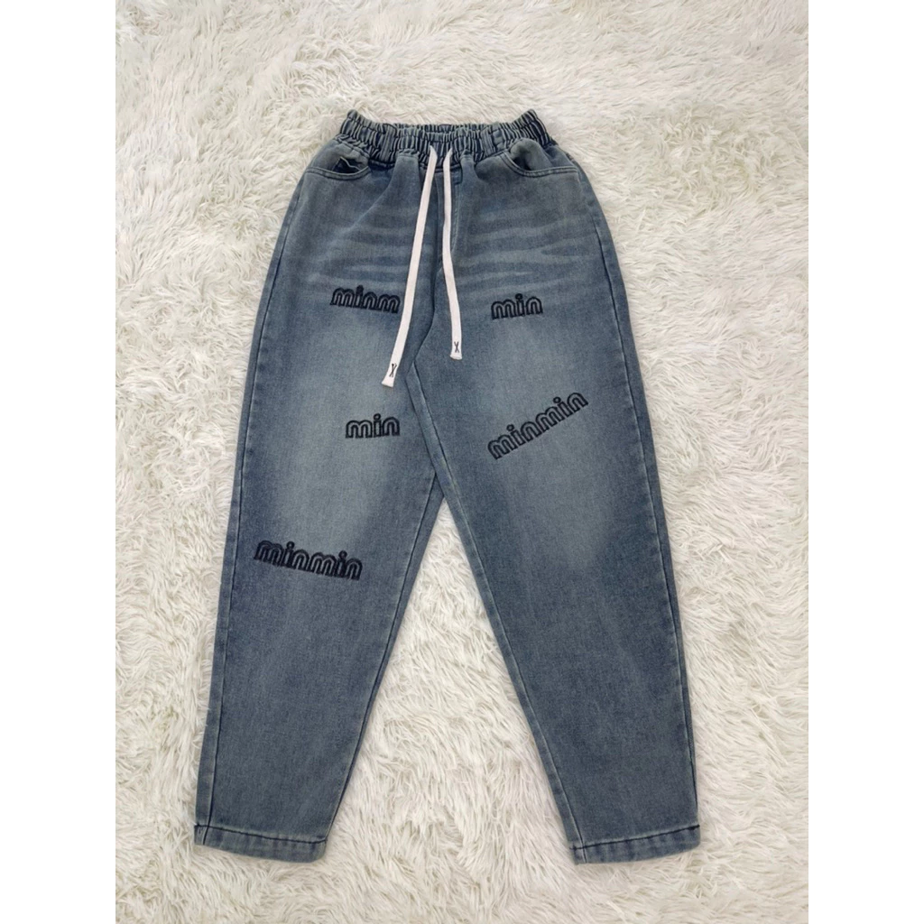 Quần jean dáng baggy lưng chun thêu minmin siêu  hot có dây rút Nữ Women pant