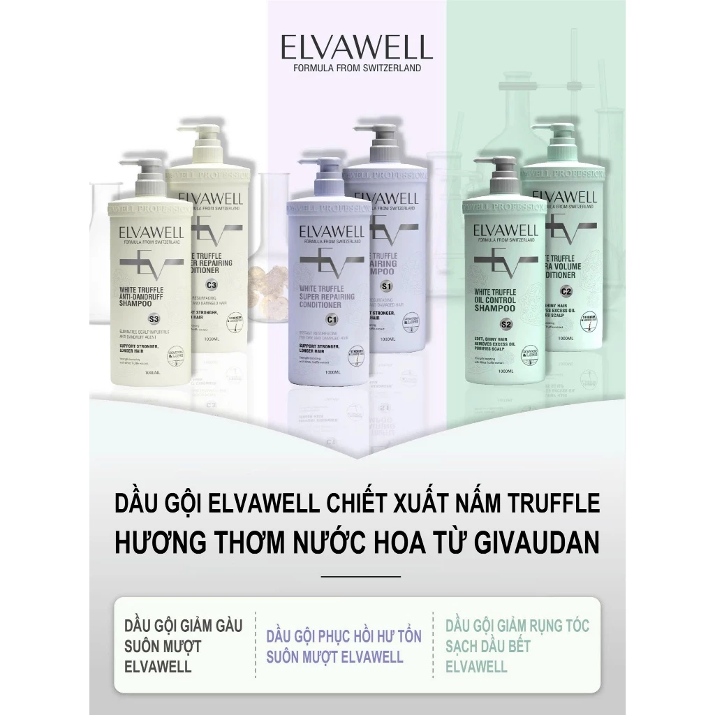 Dầu gội Elvawell White Truffle Siêu Mềm Mượt Tóc, Phục Hồi, Giảm Gàu Hiệu Quả