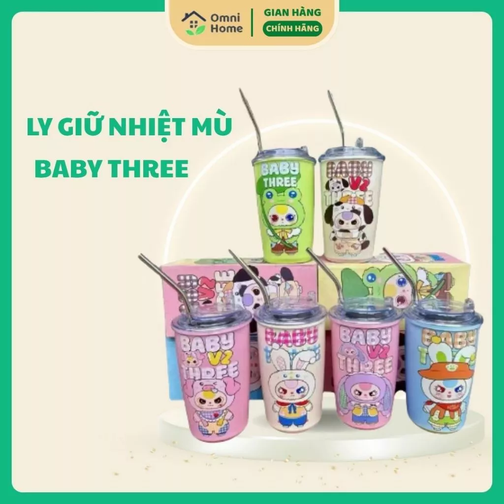 Ly Mù Babythree Giữ Nhiệt 500ml - Cốc Inox Cute, Kèm Ống Hút Inox, Nắp Trong Suốt, Giữ Nóng Lạnh