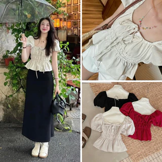 Áo babydoll linen kiểu xinh tay phồng tiểu thư công chúa bo thân nơ coquette ngực xinh xắn 126 Store