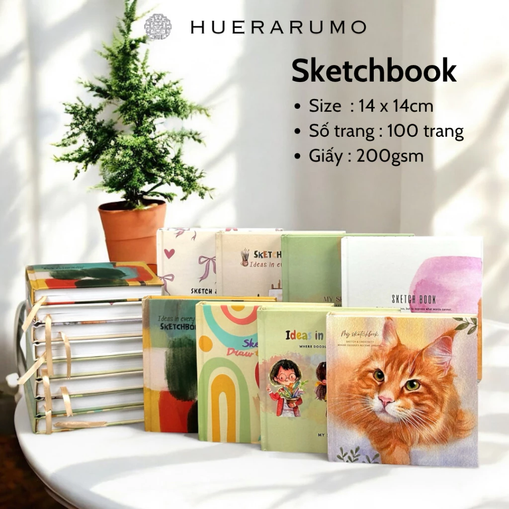 Sổ Sketch 14x14cm 100 Trang Giấy Dày 200gsm Bìa Cứng – Sổ Vẽ Mini Artbook HUERARUMO | Art Journal – Sổ Ý Tưởng