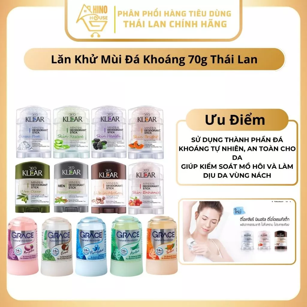 Lăn Khử Mùi Đá Khoáng (Grace - Klear) 70g Thái Lan Khô Thoáng Giảm Tiết Mồ Hôi - Hinohouse