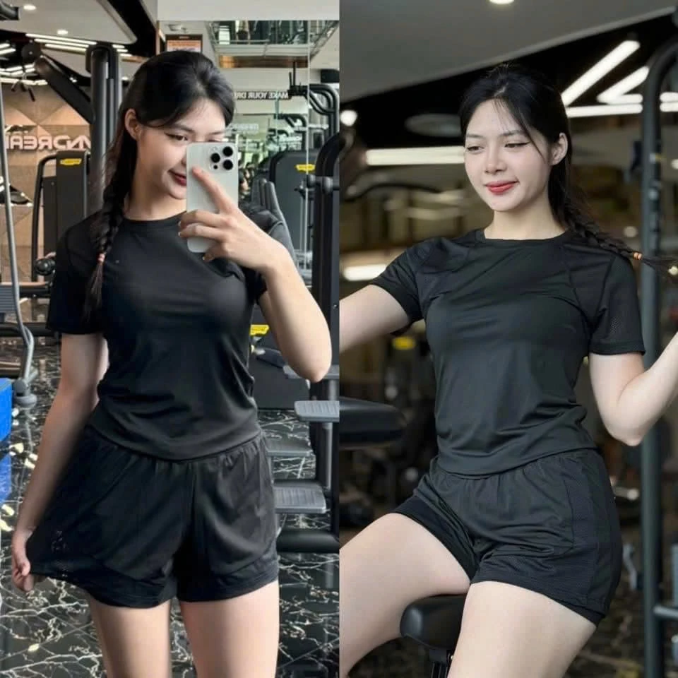 Set đồ thể thao nữ Ng10 – Áo cộc tay phối lưới, quần đùi có túi tập gym, yoga, pickleball hot trend