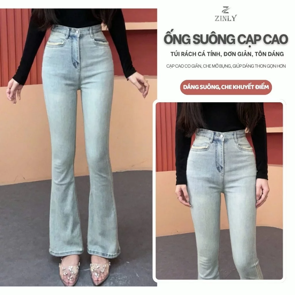Quần Jean Nữ Ống Loe Cạp Cao Túi Vuông Màu Sáng Có Fom Ngắn 95cm Và Dài 105cm Q370