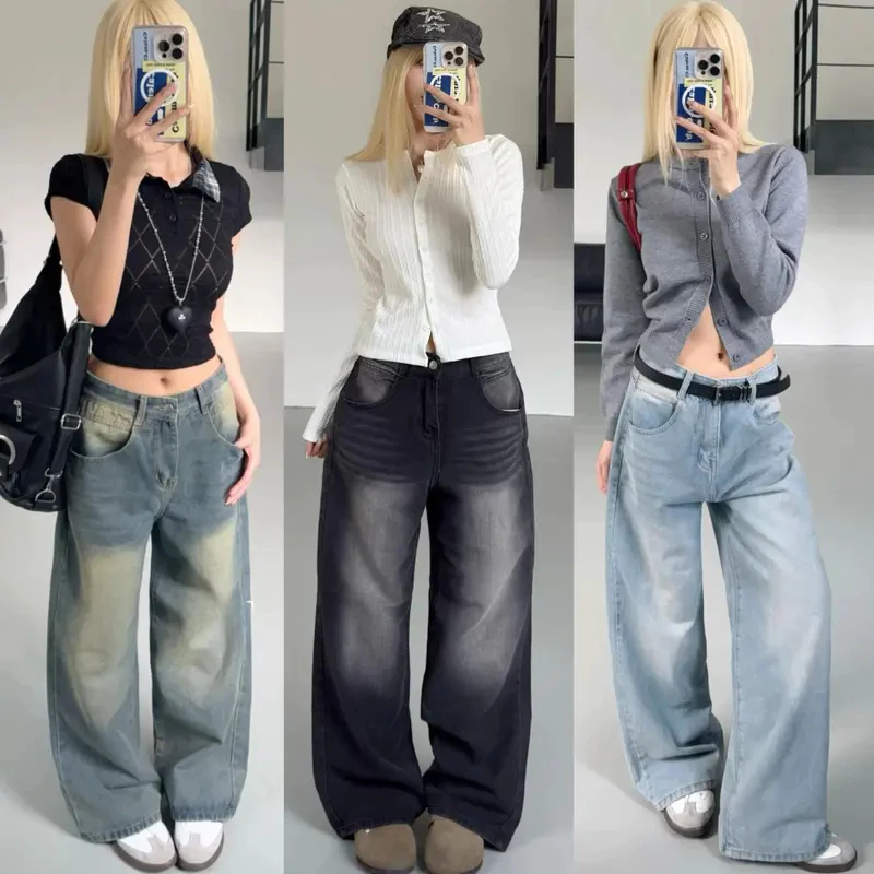 Quần jean bò ống rộng suông đứng nữ CAMY Cạp Cao , Quần bò suông rộng đứng baggy nam nữ màu RETRO ôm eo Tôn Dáng