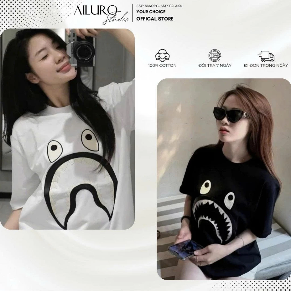 Áo thun unisex Athing Ape Shark Baby chất 100% Cotton phông tay lỡ nam nữ form rộng