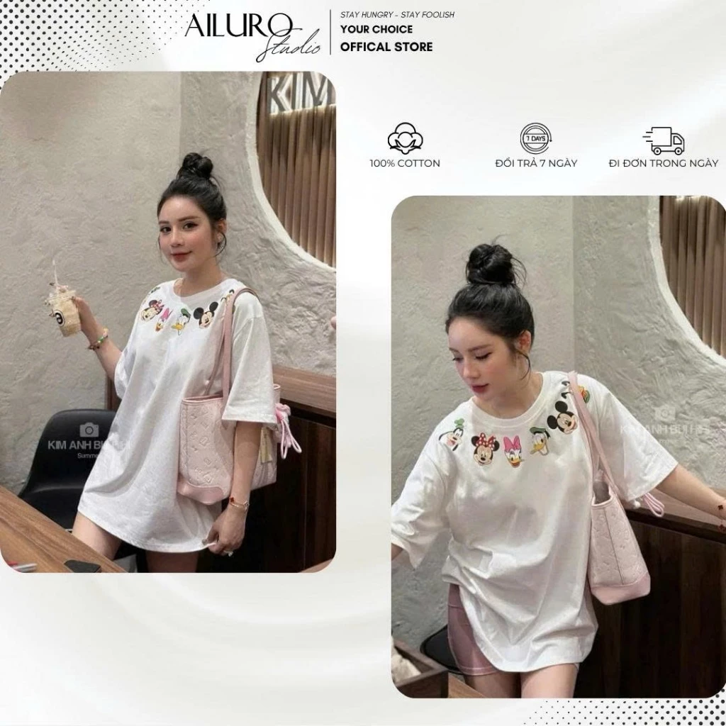 Áo thun unisex Cartoon Viền Cổ Nhiều Hình chất 100% Cotton phông tay lỡ nam nữ form rộng