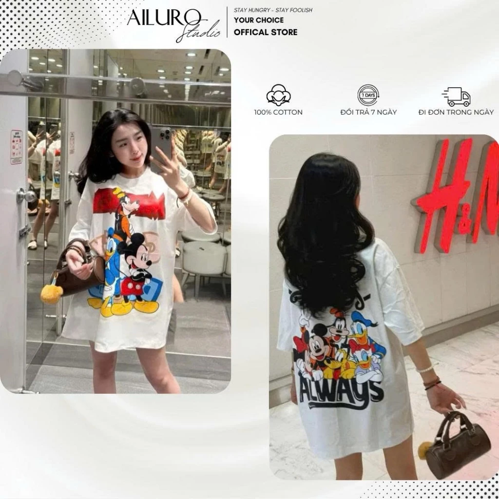Áo thun unisex Nhiều Nhân Vật Hoạt Hình Disneyland Time Good chất 100% Cotton phông tay lỡ nam nữ form rộng