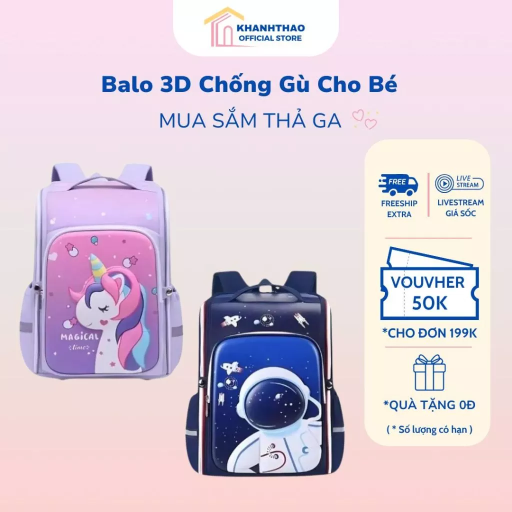 Balo đi học, balo chống gù in hình 3D nổi cho bé chất in hình dễ thương