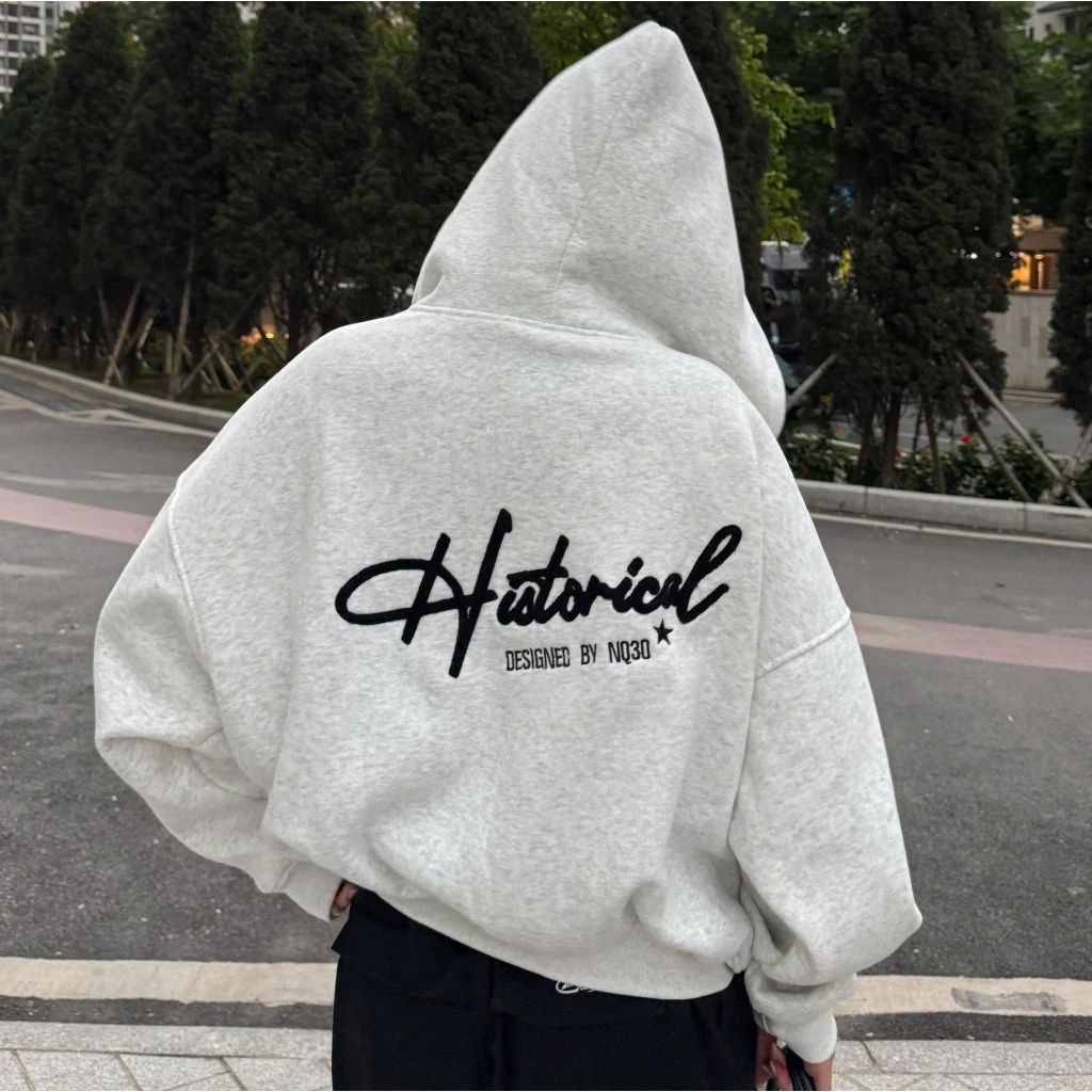 Áo Khoác Hoodie Zip COTTON Thêu Xù NQ30 HISTORICAL Form Boxy Form Rộng Nam Nữ Unisex