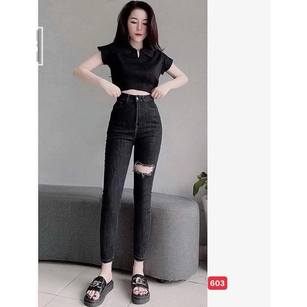 Quần Jean Nữ lưng cao màu xám phối rách phong cách trẻ trung, Quần bò nữ co giãn mẫu mới thời trang Lady Fashion - MQ634