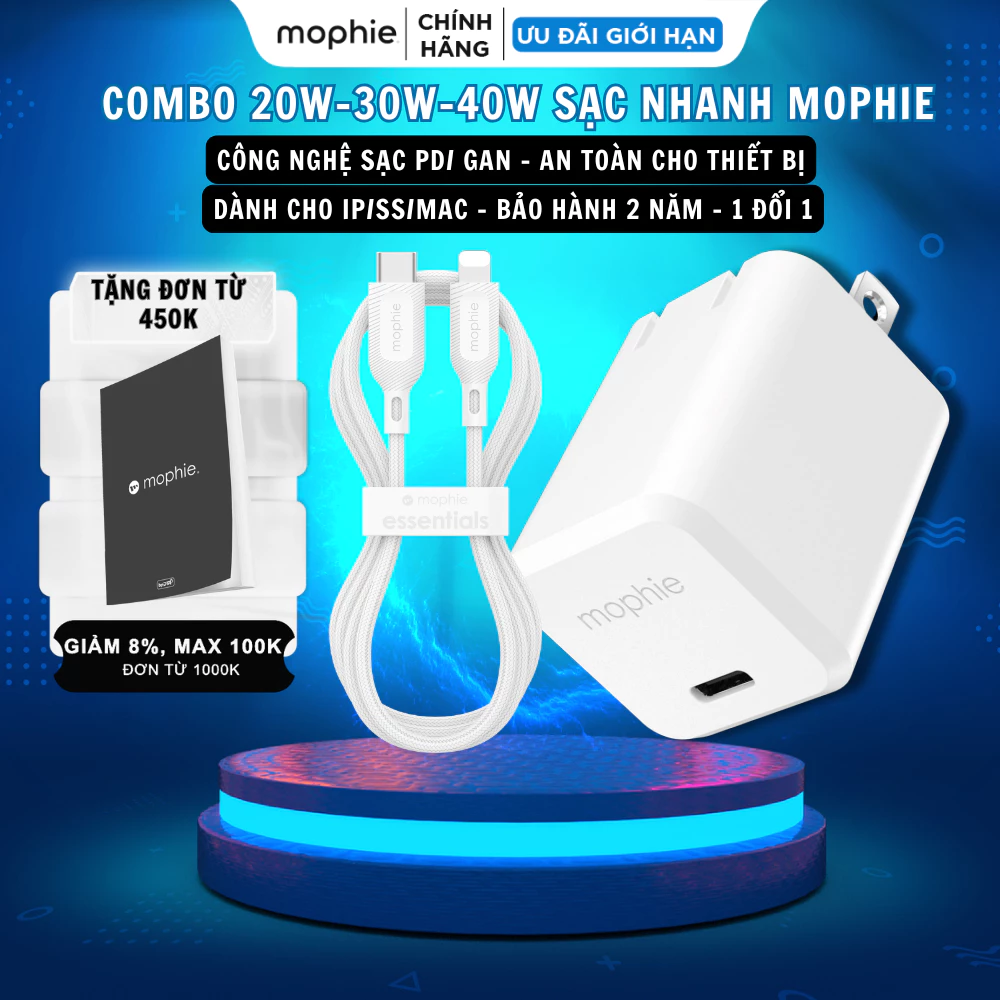 Bộ Combo sạc nhanh Mophie PD 20w/30w/35w/40w GaN Type C - Cho ip 6 đến ip 17 Series - Bảo hành 24 tháng
