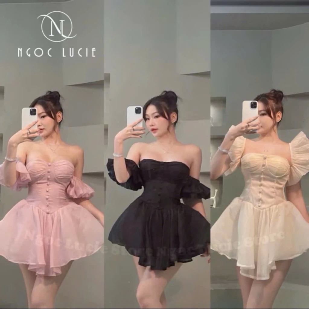 V20 - Đầm Ngắn Xoè Cúp (có mút) Tay Bồng Phối Nút Bọc Có Kèm Quần - Ngọc Lucie
