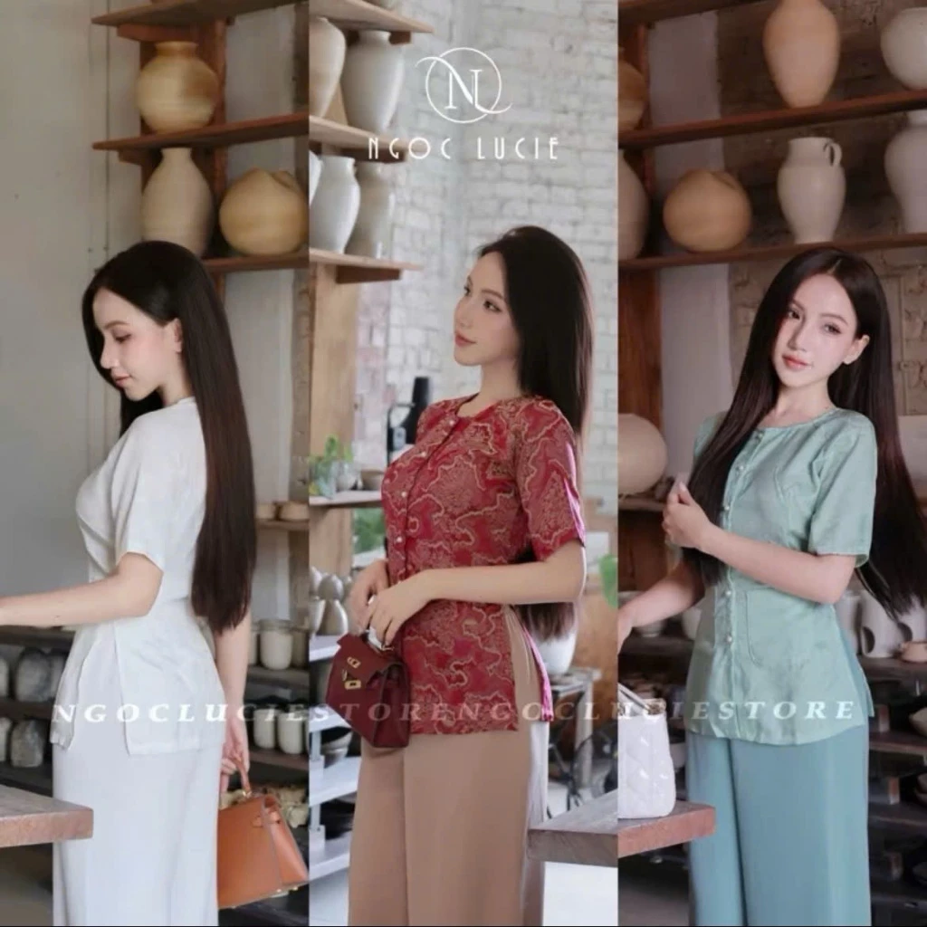H02 - Set Đồ Bà Ba Gấm Quần Ống Suông Rộng + Áo Tay Ngắn Nút Ngọc - Ngọc Lucie