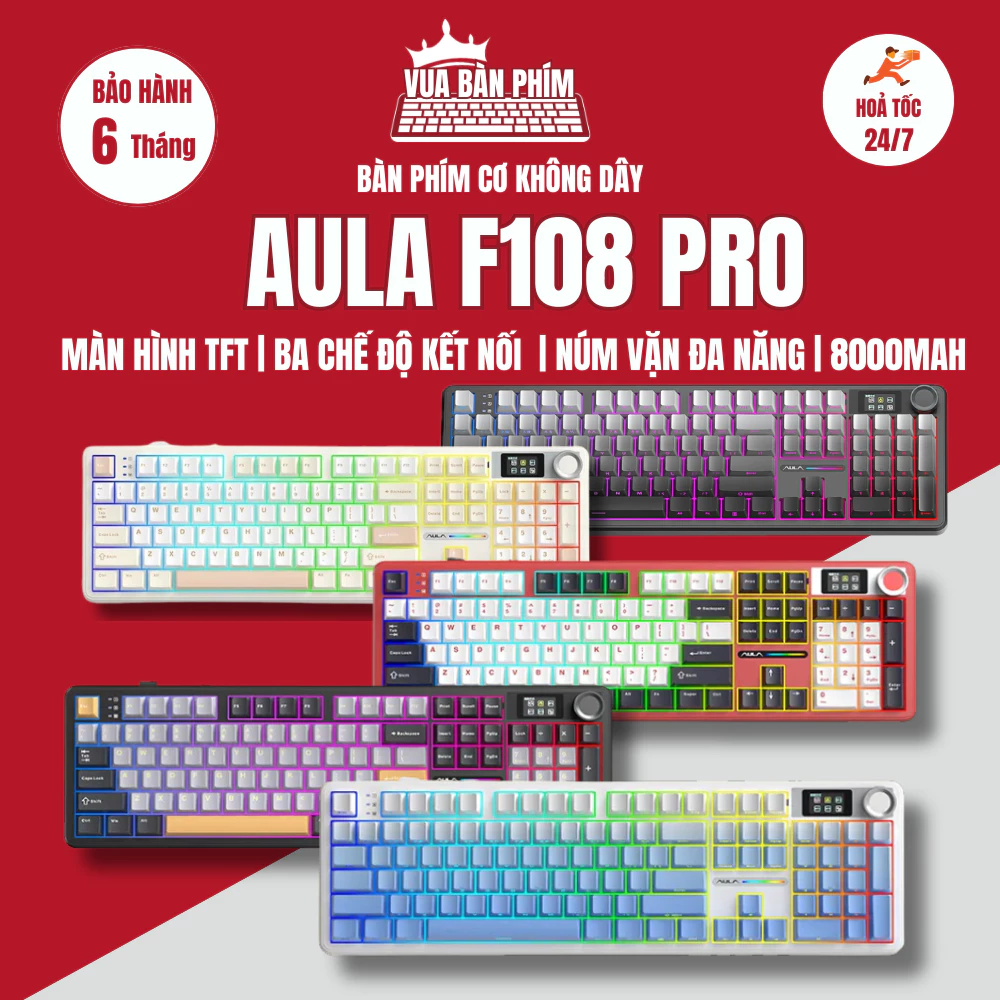 [HÀNG SẴN] Bàn phím cơ không dây Aula 108 pro, màn hình tùy chỉnh , full phím, 3mode , mạch xuôi , led rgb, hostswap