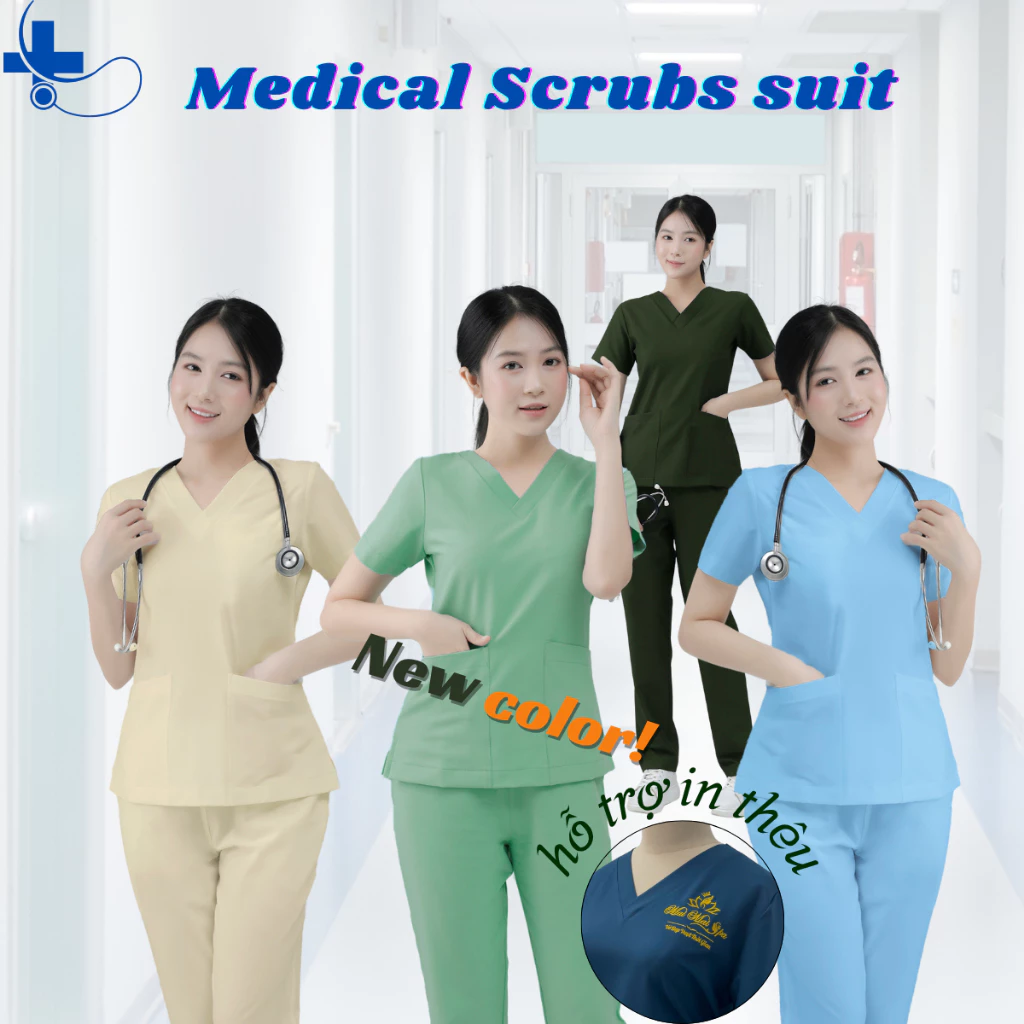 [giá xưởng]Bộ Scrubs bác sĩ loại CAO CẤP, blouse cổ tim, đồng phục điều dưỡng, spa, thẩm mỹ viện, dược sĩ