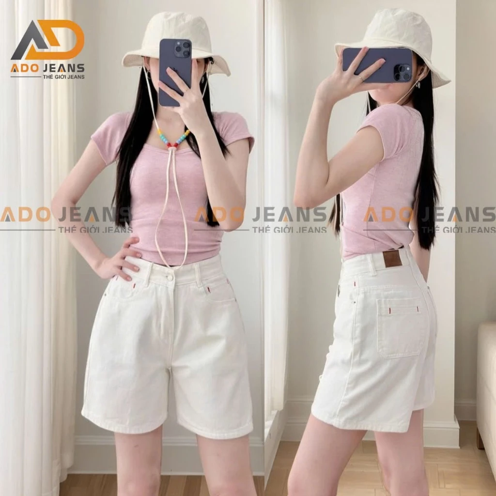 Quần short jean nữ lưng cao ống rộng màu Trắng basic dễ phối đồ ADO JEANS (Mã S27)