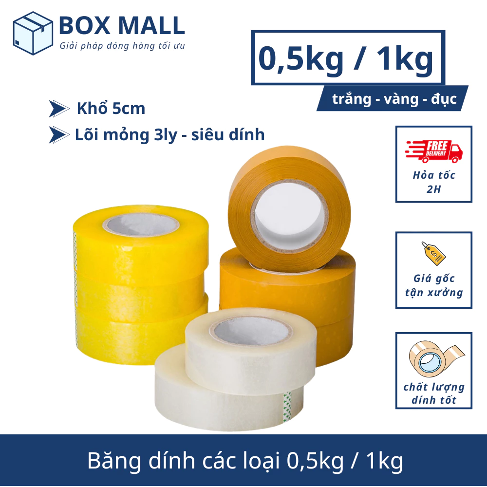 Băng dính đóng hàng Box Mall Băng dính gói hàng đủ màu màu siêu dính loại 0,5kg/cuộn và 1kg/cuộn