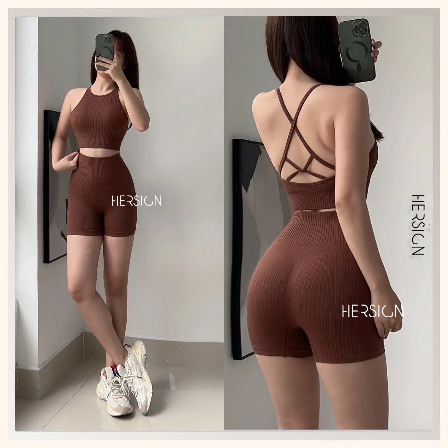 Set đồ tập gym nữ hot trend Set đồ yoga nữ áo bra dây mảnh quần đùi  HERSIGN-SET153 BST HERSIGN BARE FORM