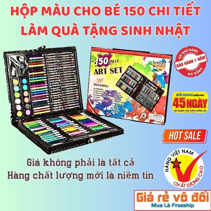 Bộ màu 150 chi tiết cho bé học vẽ, Đầy đủ bút sáp, Chì màu, Màu nước, Hộp đựng tiện lợi.