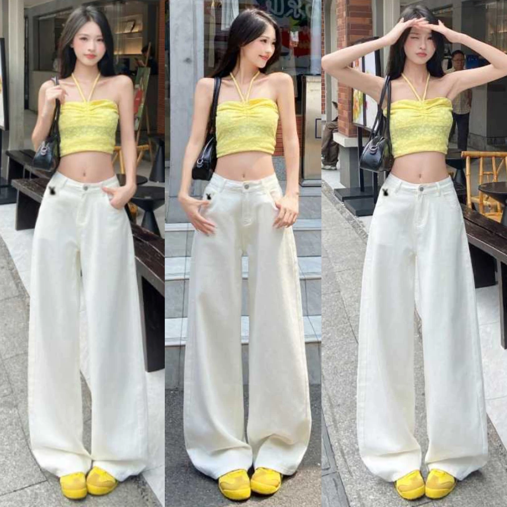 Quần Jean Kaki Nữ Trắng thêu dáng Suông Cạp Cao chất Jean mềm dễ phối đồ Lưng Cao MIAA BIGSIZE