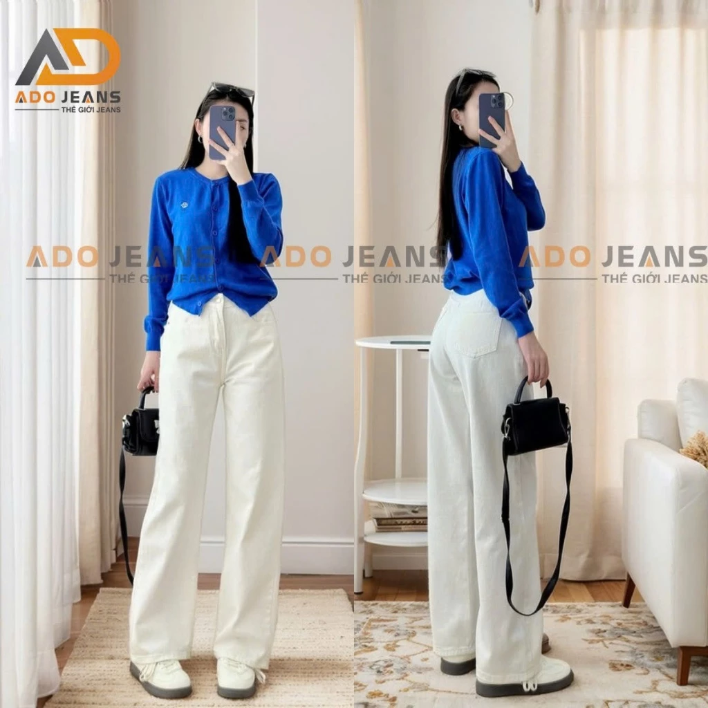 Quần jean dài nữ ống suông lưng cao màu Trắng basic ADO JEANS (Mã DJR07 -DJ04)