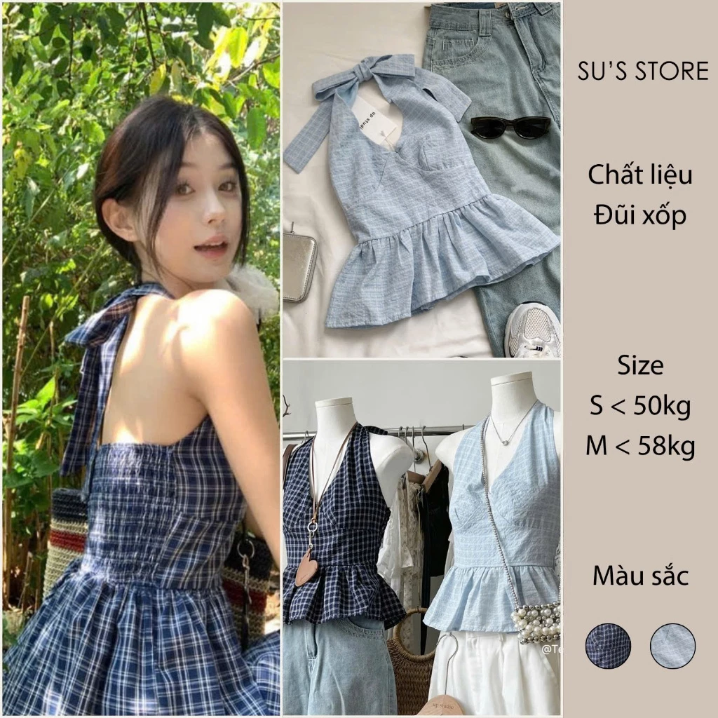 Áo Cổ Yếm Chun Lưng Dáng Xòe Nhẹ Kẻ Ô Chất Đũi Xốp Susstore A3080 Thời Trang Nữ