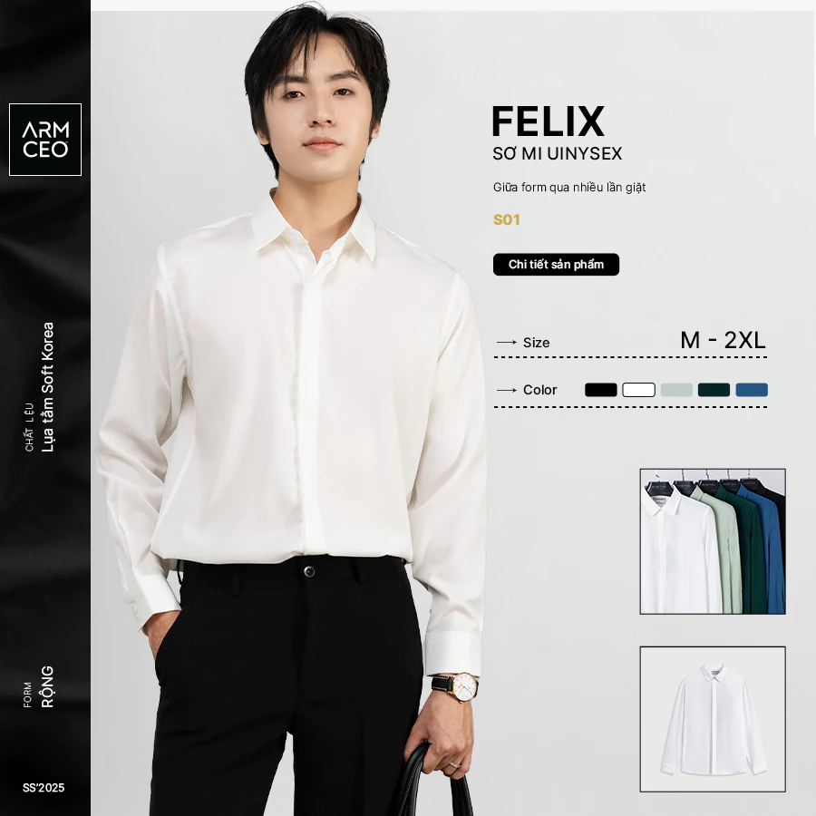 Áo sơ mi nam nữ unisex ARMCEO form rộng Hàn Quốc Felix tay dài vải chéo hàn dày dặn mềm mịn - S01