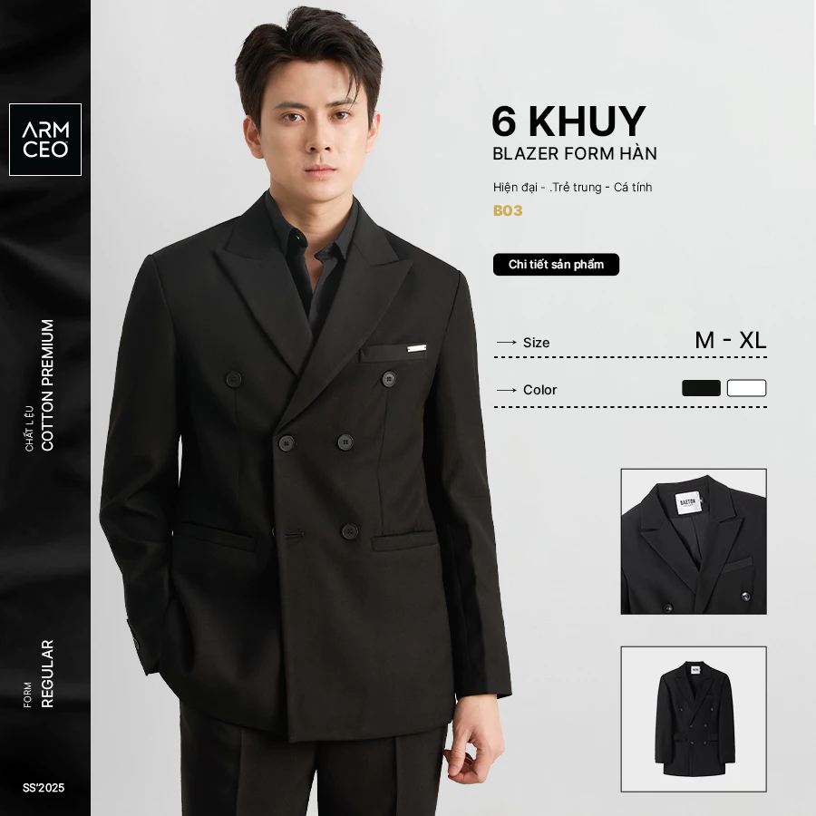 Áo blazer nam nữ ARMCEO 6 khuy form dáng chuẩn Hàn Quốc vải cotton hàn -B03