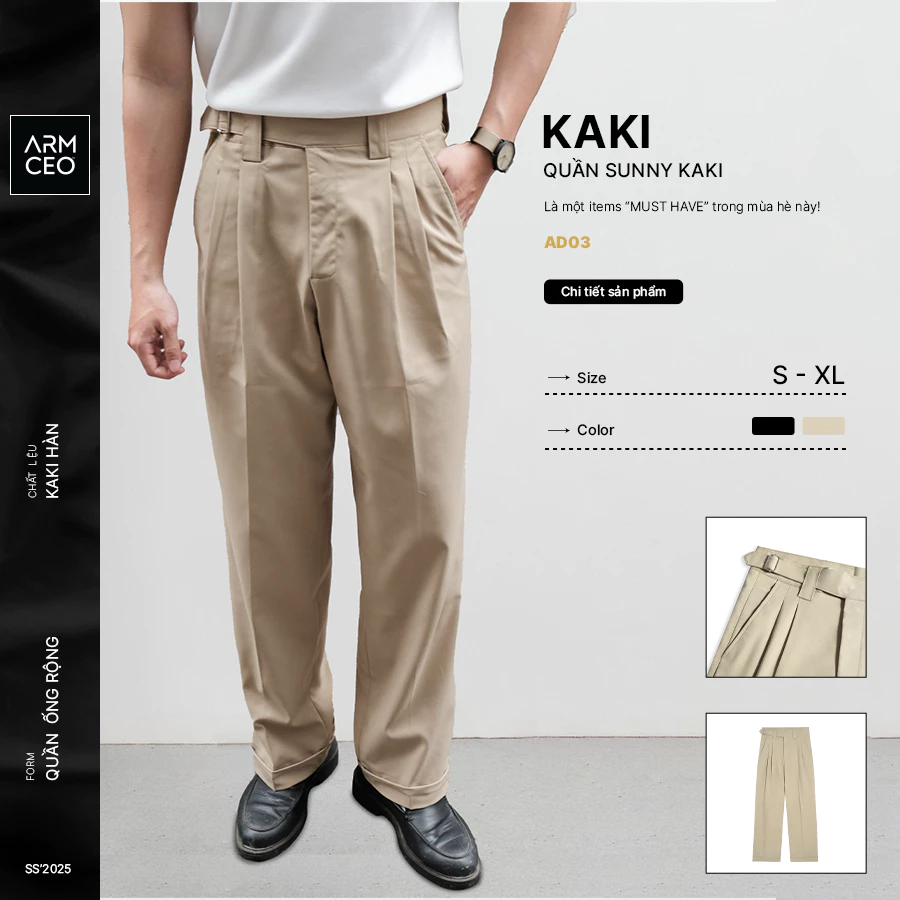 Quần kaki ống rộng cạp cao ARMCEO chất vải kaki Hàn thoáng mát cho cả Hè năng động -AD03