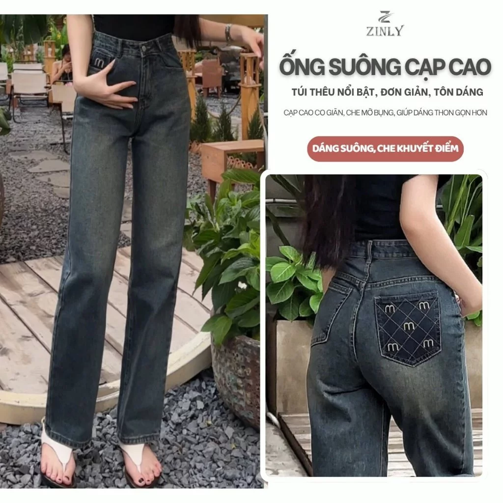 Quần Jean Nữ Ống Suông Màu Đậm Túi Thêu Chữ M Q288