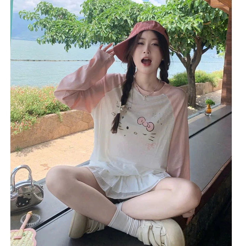 Áo thun nữ tay dài phối màu hồng Vintage in hình Mèo Kitty xinh xắn ALICEVN, Áo thun dài tay dáng rộng chất thun xượt
