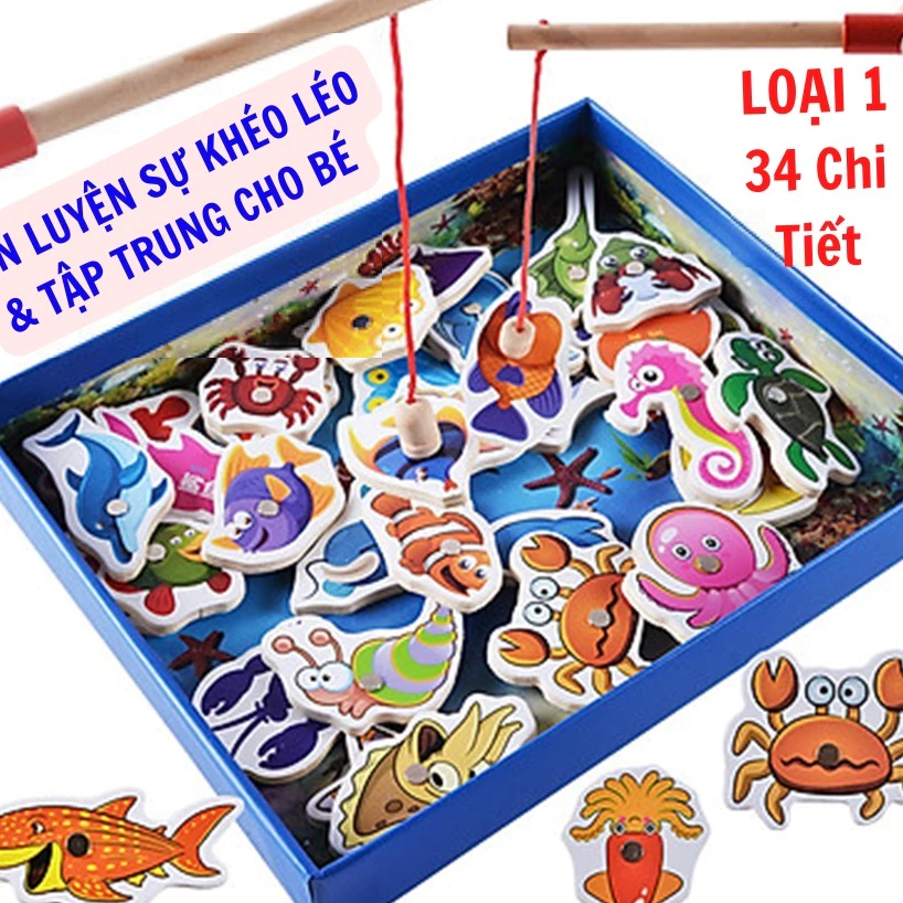 [Kho sỉ]Đồ Chơi Câu Cá, Bộ Đồ chơi câu cá 3D bằng gỗ Loại To 32 con gắn Nam Châm an toàn cho bé- DC3 Happykids
