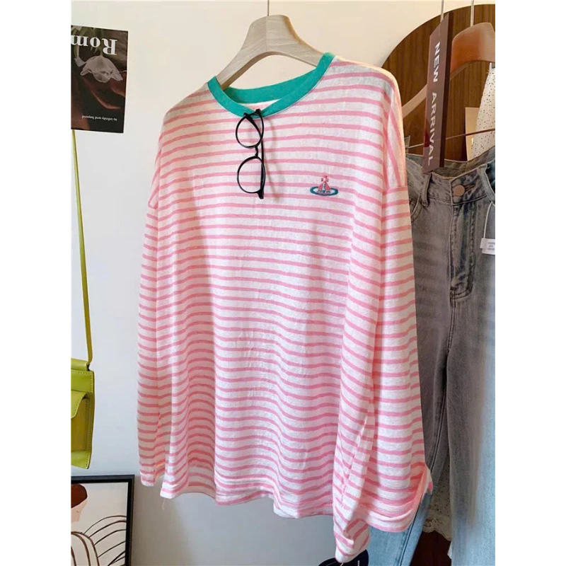 Áo thun tay dài nữ chống nắng kẻ sọc form rộng menina_studio, áo thun nữ tay dài sọc ngang vải cotton dày dặn