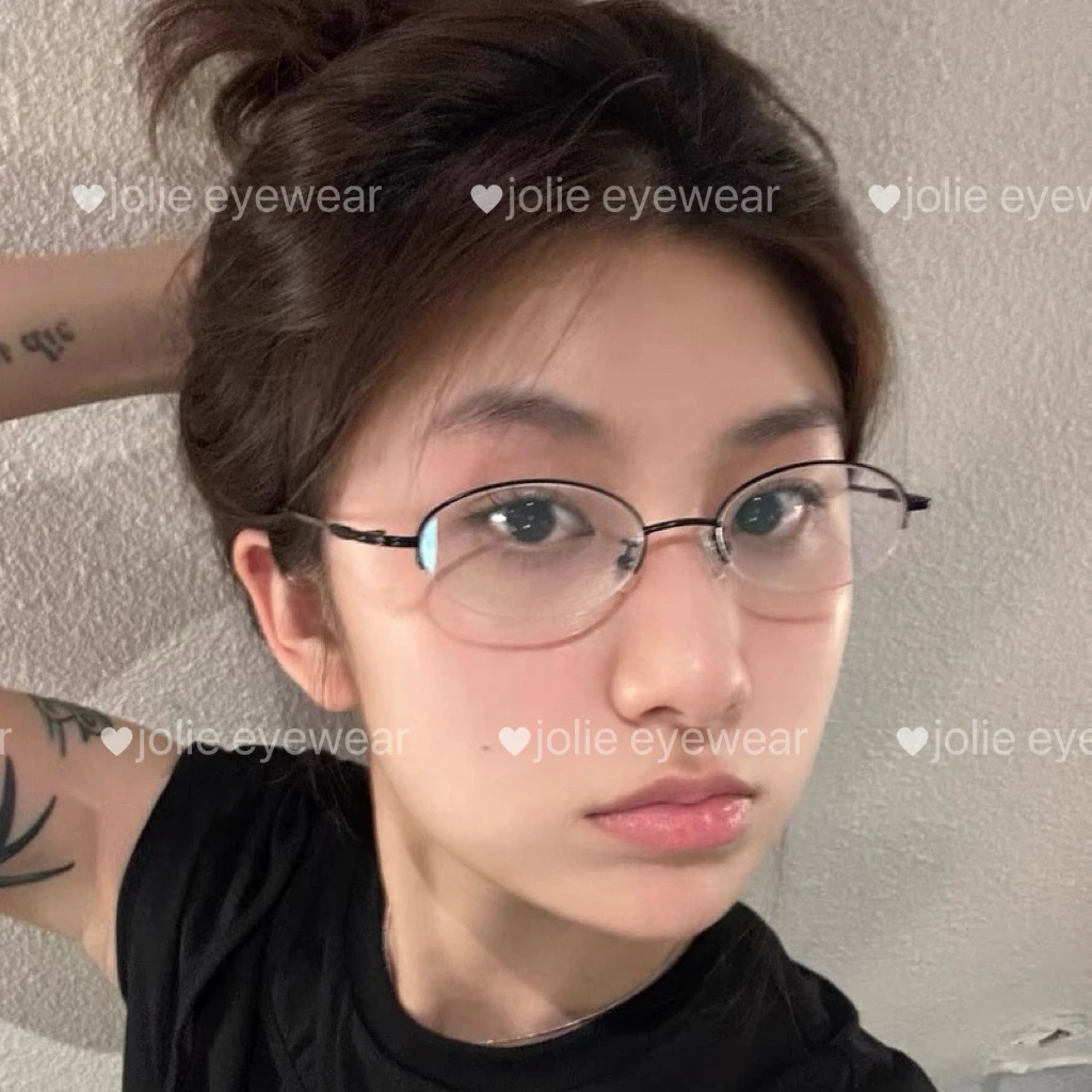Kính giả cận, Gọng kính cận oval nhỏ nửa viền khung titan cao cấp 3225 Jolie eyewear
