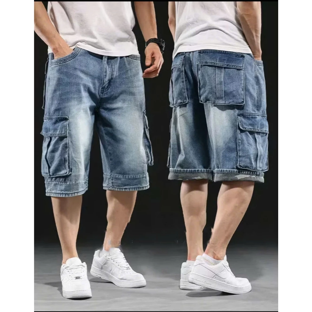 Quần short túi hộp nam KENZA FASHION KJ143, quần denim ống rộng, lật gấu phối vải rằn ri cá tính, bụi bặm