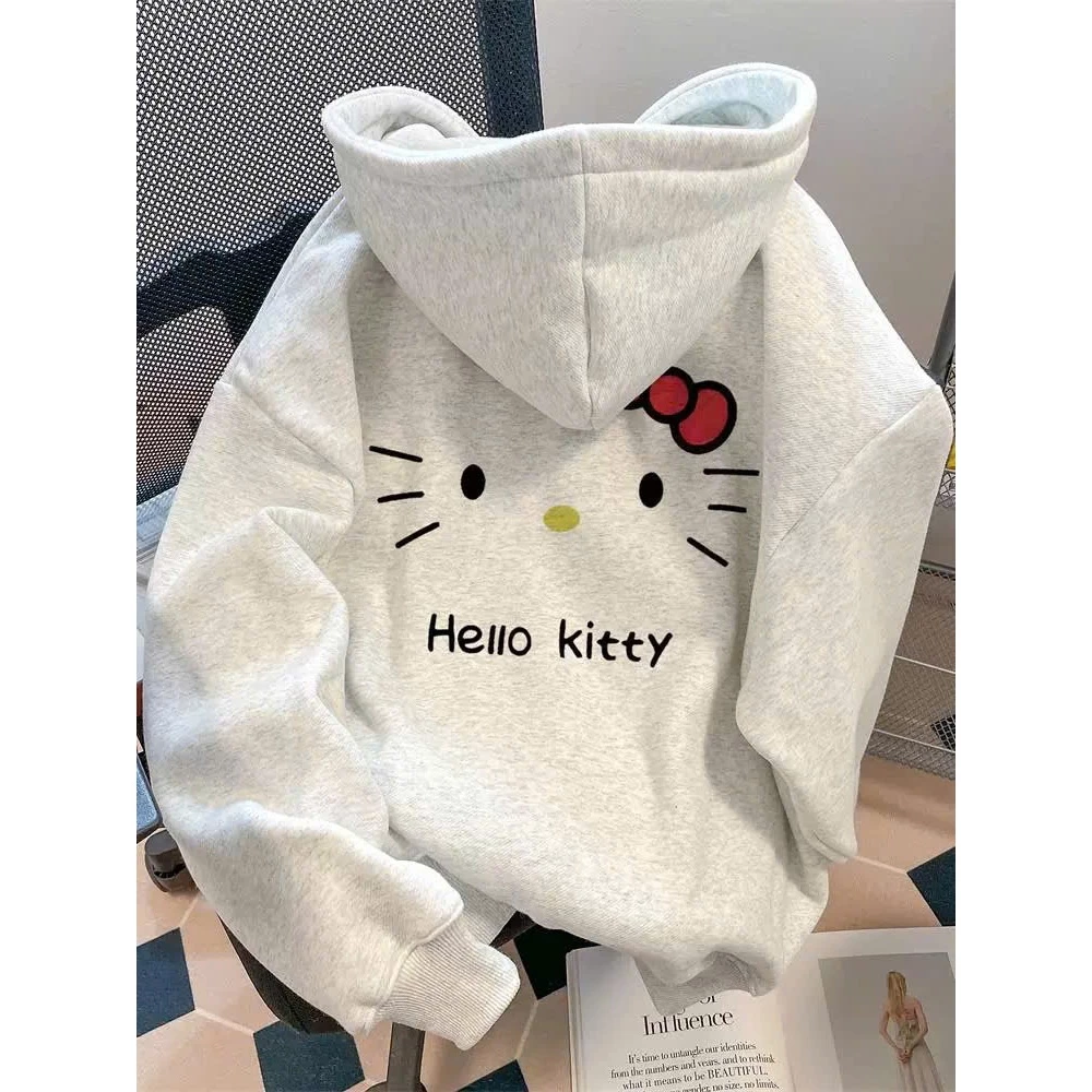 Áo Khoác Hoodie Zip Khóa Kéo/ Sweater Nữ HELLO KITTY Form Rộng Khóa Kéo Nón To 2 Lớp (Có Túi Trong)